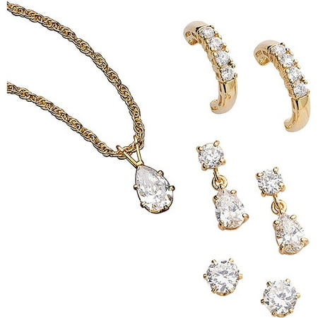 14.46 Carat T.G.W. CZ 14kt Gold-Plated Pendant with 3 Pairs of Clip Earrings Set