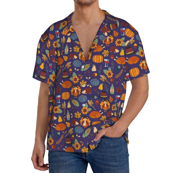 Logiee Thanksgiving Turkey 2 Print Men's Button Down Shirts Short Sleeve, Summer Beach Shirts,Vacation Wedding Shirts,Men's Casual Button-Down Shirts with Pocket-Small