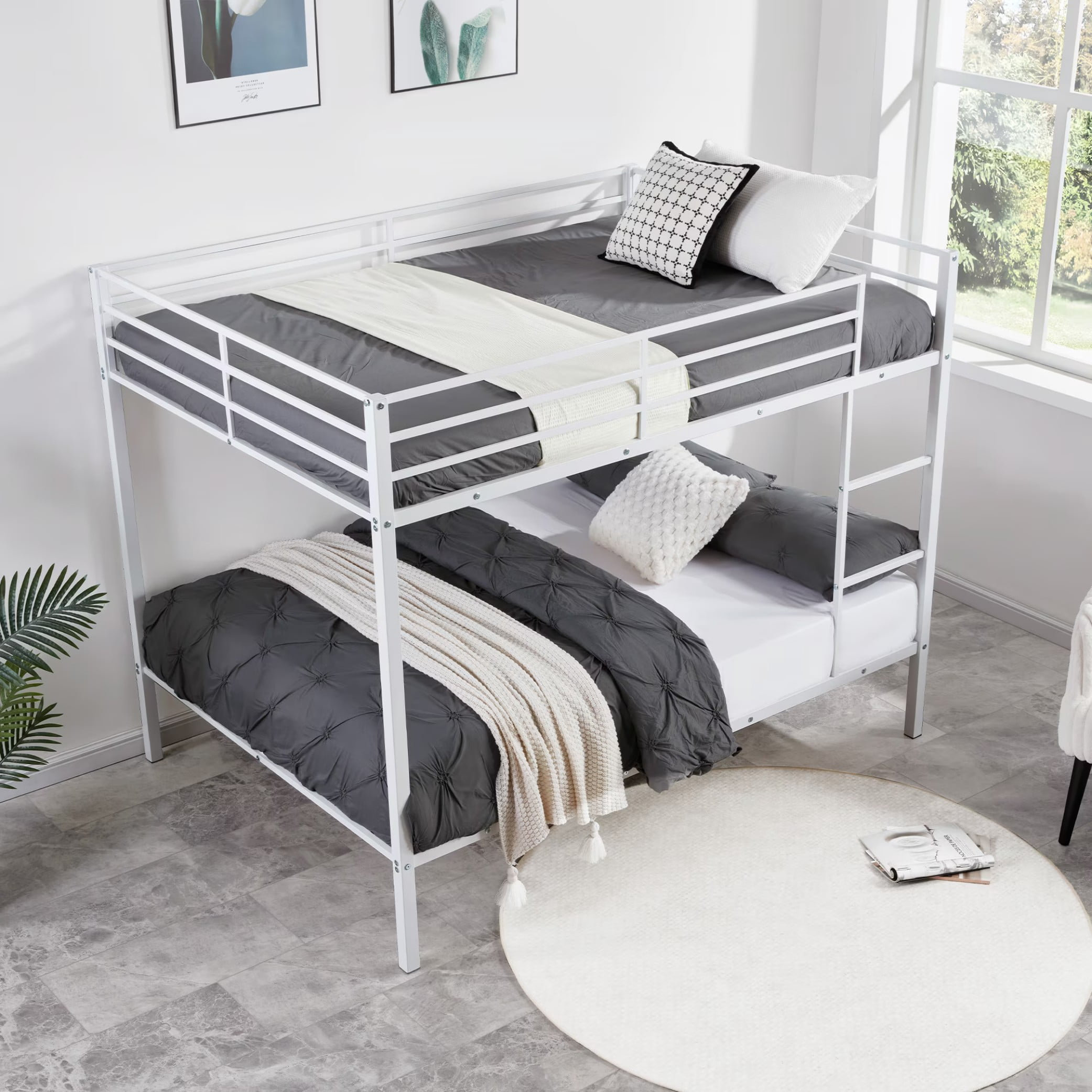 Full Over Full Bunk Bed, Heavy Duty Metal Bunk Bed Frame with Built-in Ladder and Safety Guard Rails, Low Profile Platform Bed, No Box Spring Needed for Kids, Small Spaces, White