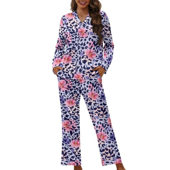 Kuiaobaty Flower Leopard Print Womens Pajamas Short Sleeve Loungewear Two-Piece Long Sleeve Sleepwear Button-Down Pj Set Comfy Nightgown, Purple, S
