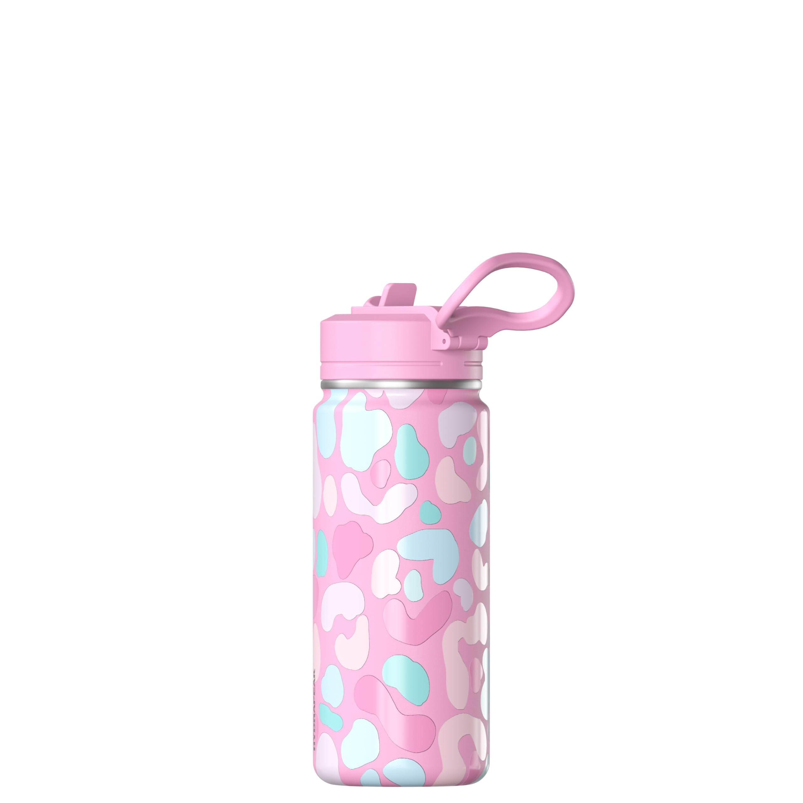 Hydrapeak Mini 20oz Fun Sticker Print Water Bottle with Straw Lid, Stainless Steel Double Wall Insulated Water Bottle, Leak-Proof and Spill-Proof Water Bottle, Pastel Leopard Bubblegum