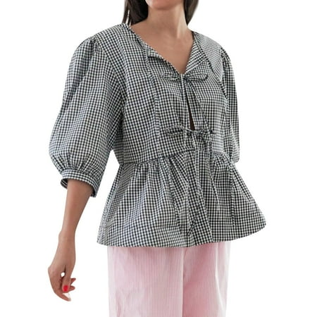 SKSloeg Women Y2K Puff Short Sleeve Peplum Shirts Tie Front Ruffle Hem Babydoll Blouse Tops Teen Girls Lace up Cute Summer Tops Black M
