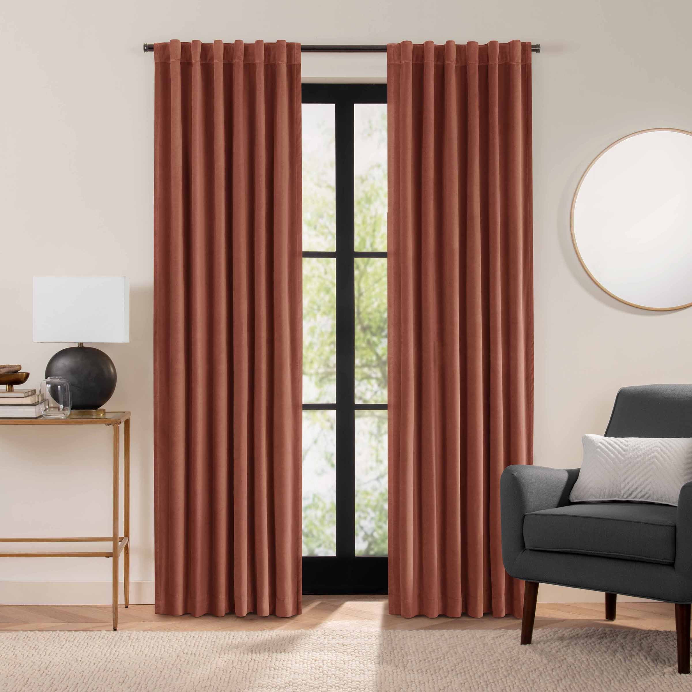 Eclipse Luxury Cotton Velvet 100% Blackout Rod Pocket Back Tab 96" x 50" Curtain Window Panel in Copper