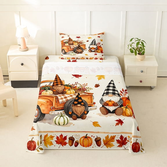 Manfei Cartoon Fall Gnome Truck Twin Sheets for Teens, Orange Autumn Pumpkin Leaf Bedding, 3-Piece, 1 Flat Sheet, 1 Fitted Sheet and 1 Pillowcase