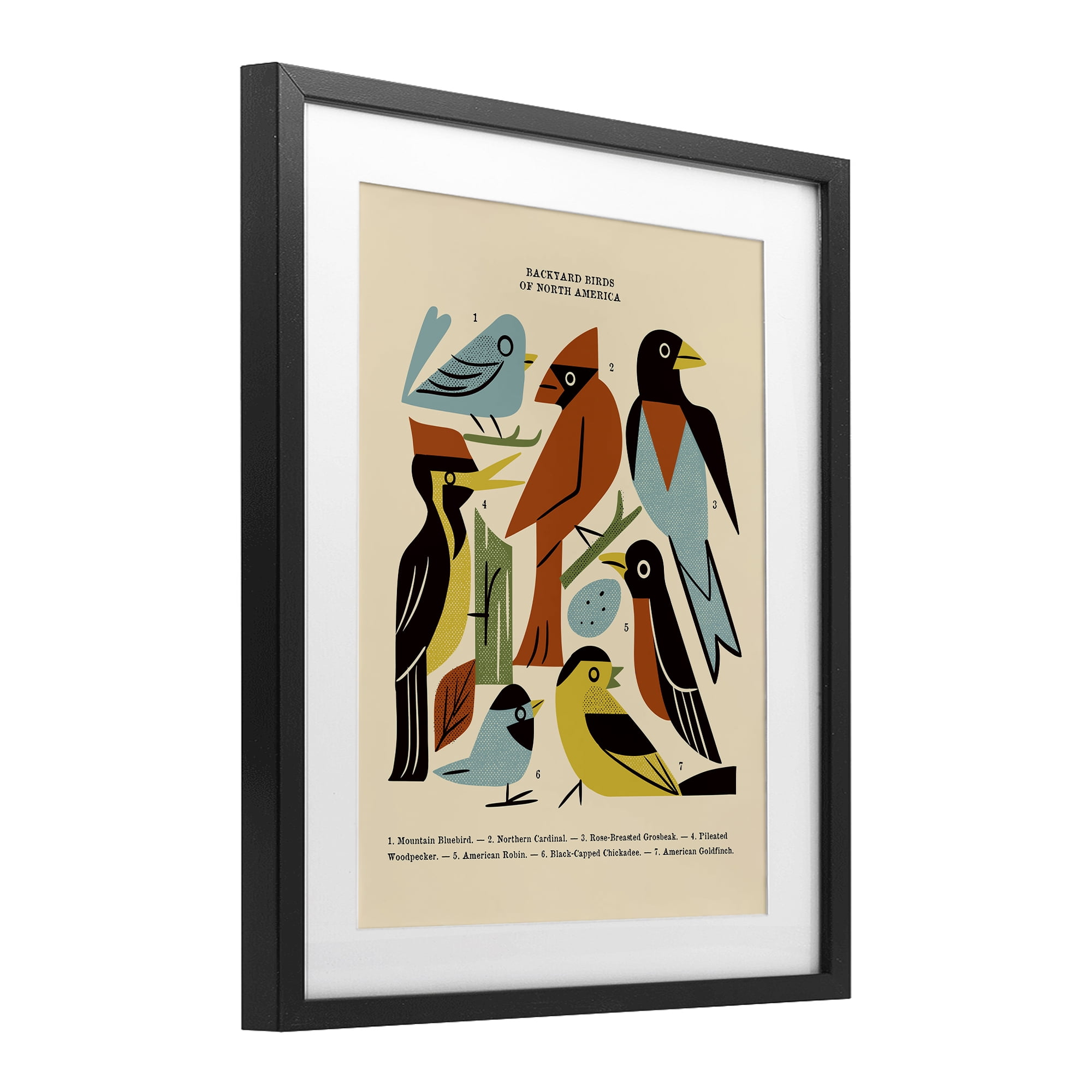 Backyard Birds Midcentury Modern Black Framed Print Under Glass, design by Renea L. Thull