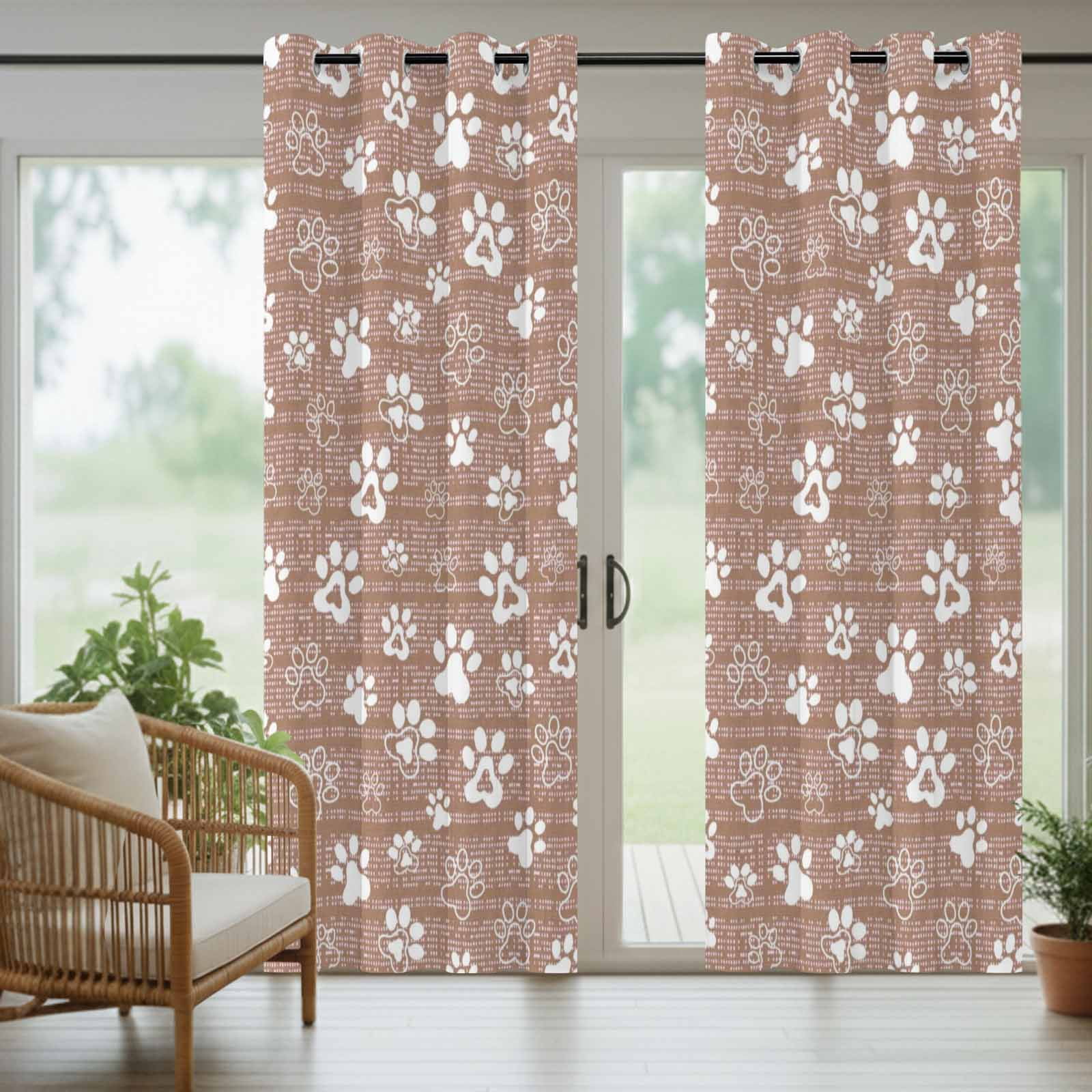 Brown Paw Print Outdoor Curtains for Patio, Modern Classic Gray White Animal Large Paw Pattern Plaid Sunshade Privacy Drapes Grommet Waterproof Outside Curtains for Porch Balcony 54"x108", 1 Panel
