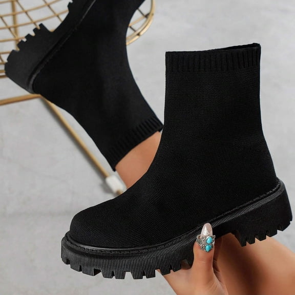 Women’s Knitted Sock Boots, Thick Bottom, Mid Heel, Comfortable Winter Fashion Shoes - 2026