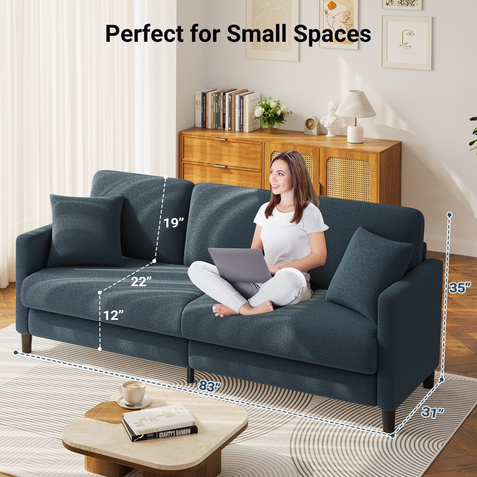 83" Sofa Couch for Living Room,Comfy Teddy Fleece Loveseat Sofa,Extra Deep Seat Couches ,Neche Tool-Free Setup Love Seat with 2 Pillows,Blue Grey
