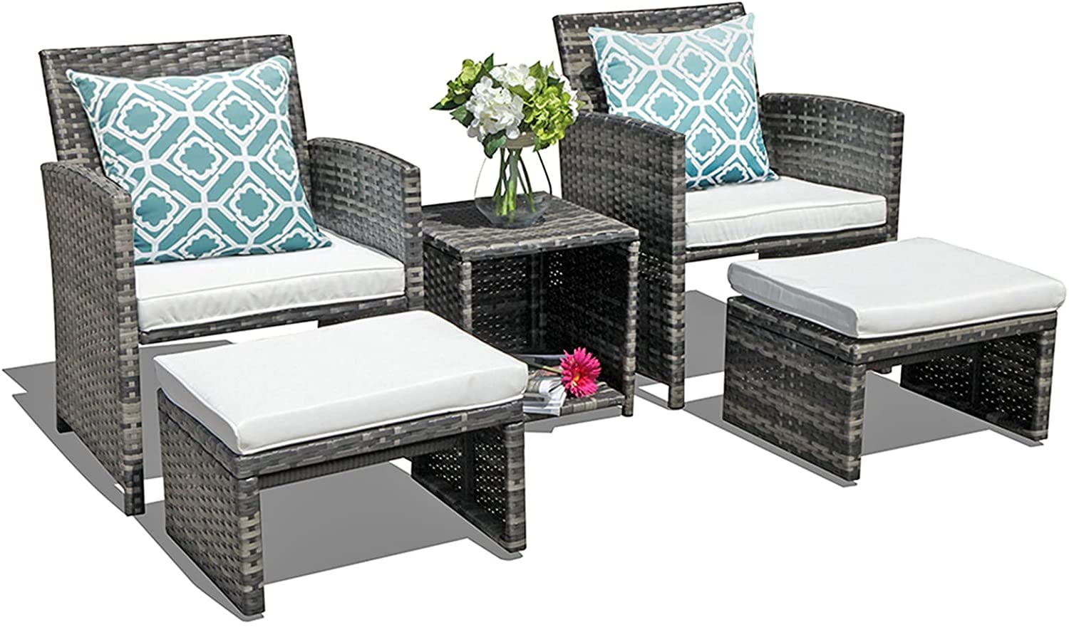 Wicker Patio Furniture Set Rattan Patio Chair Set with Ottoman, Pillows  Included, Perfect for Balcony, Small Space, Porch, 5 Pieces - Walmart.com