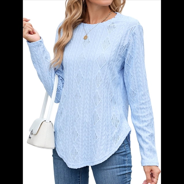 Camiseta Informal de Larga para Mujer, con Cuello Redondo, Dobladillo Curvo y Botones en la Espalda, Estilo Moderno y Holgado. Azul M