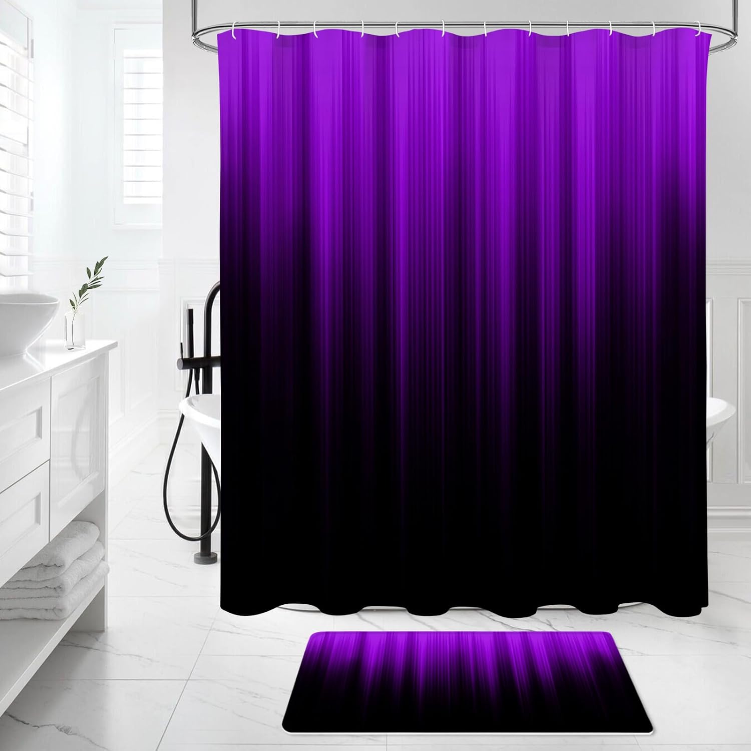 4 Pcs Purple and Black Gradient Shower Curtain Set with Rugs and Toilet Lid Cover, Modern Simple Waterproof Fabric Bathroom Set, Ombre Stripe Gothic Abstract Bathroom Decor Set Accessories