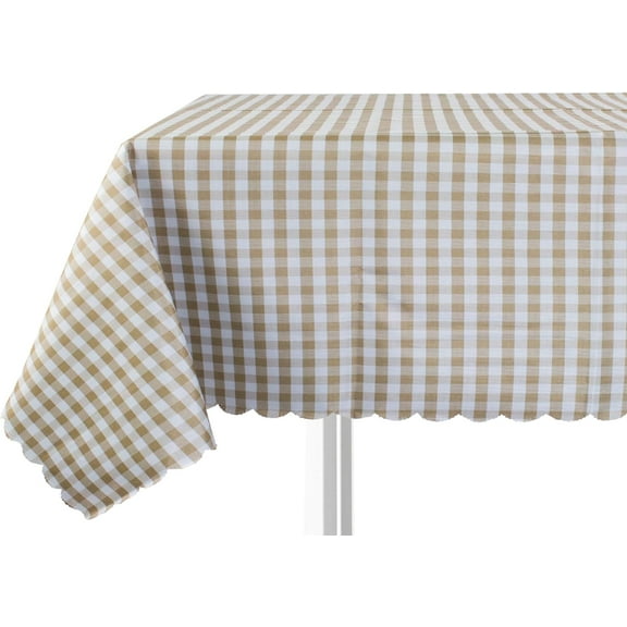 Fennco Styles Check Plaid Waterproof Scalloped 55 x 55 Inch Square Tablecloth Brown