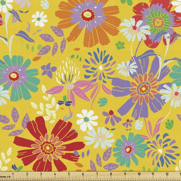 Dahlia Fabric by the Yard, Doodle Spring Flowers Summer Vibrant Foliage Daisy Celebration Pattern, Decorative Upholstery Fabric for Sofas and Home Accents, 3 Yards, Multicolor by Ambesonne