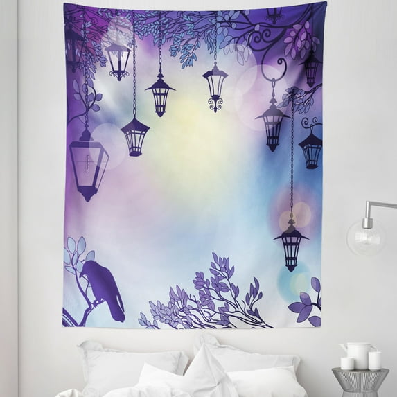 Lantern Tapestry, Street in a Sinister Violet Environment Raven on a Branch Night, Fabric Wall Hanging Decor for Bedroom Living Room Dorm, 5 Sizes, Violet Multicolor, by Ambesonne