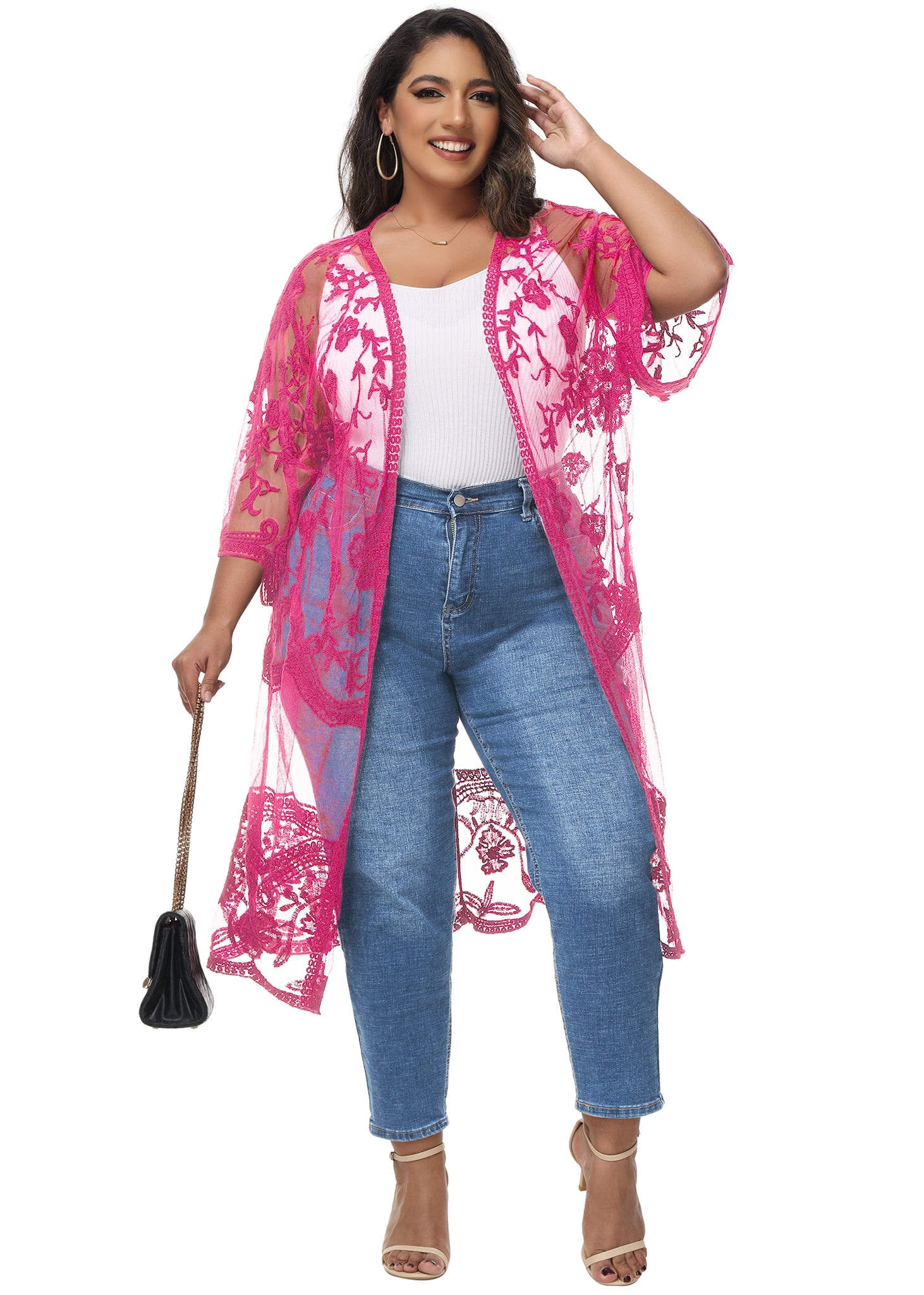 Women's Plus Size Long Embroidered Lace Kimono Cardigans Women's Plus Size Long Embroidered Lace Kimono Cardigans