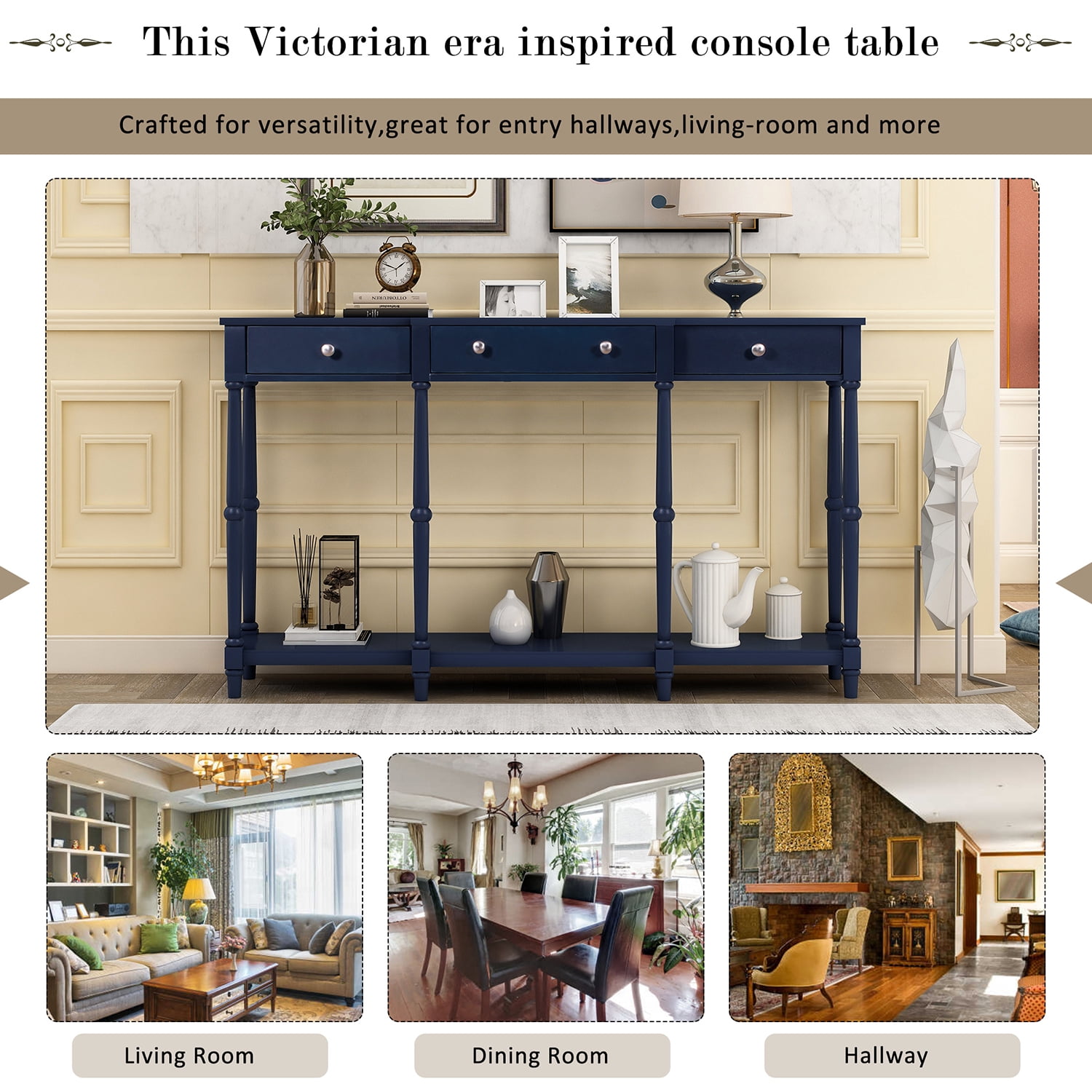 Kadyn Solid Wood Console Table, Modern Classic Entryway Table with Storage Shelf and Drawer, Narrow Long Sofa Entryway Table for Home, Navy Kadyn Solid Wood Console Table, Modern Classic Entryway Table with Storage Shelf and Drawer, Narrow Long Sofa Entryway Table for Home, Navy