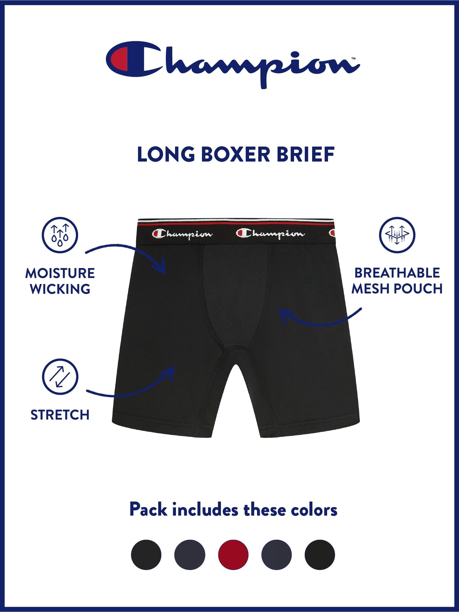 Champion Boys’ Performance Long Leg Boxer Briefs, 5 Pack, Sizes XS–XL