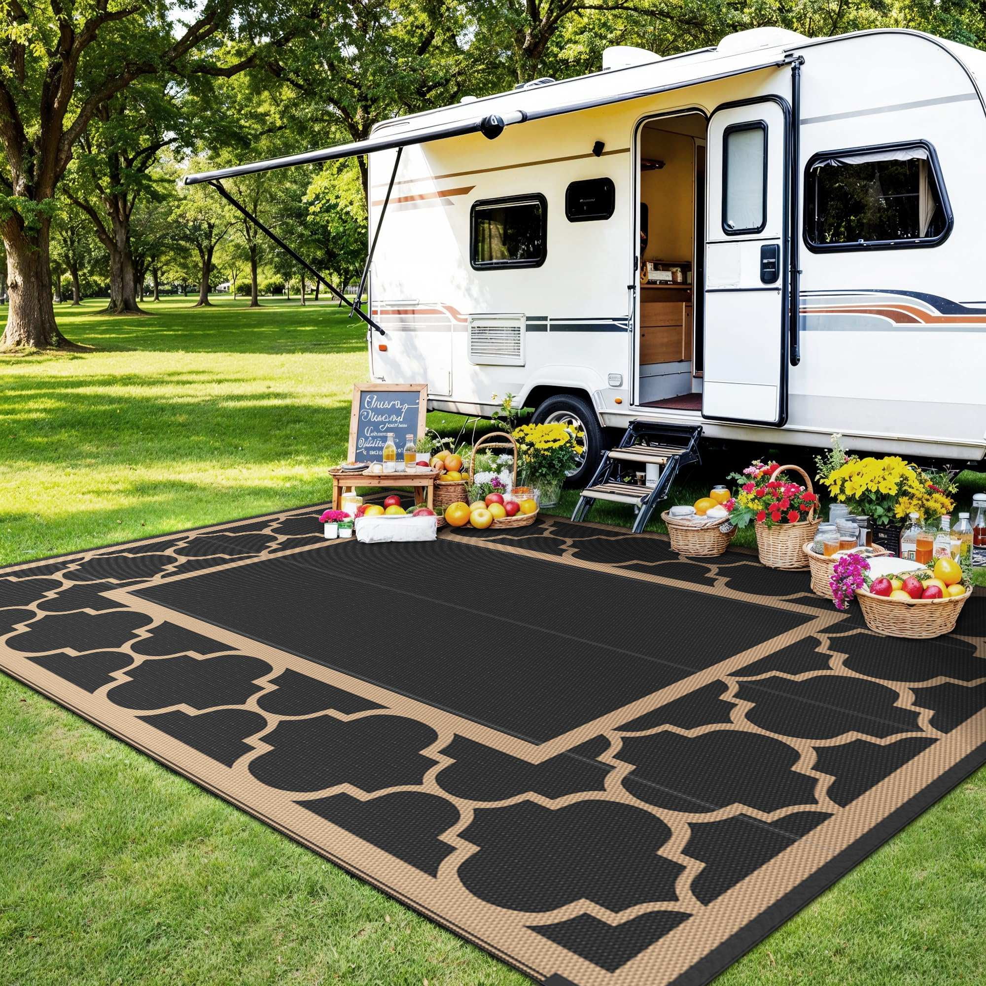 DEORAB 6'x9' Outdoor Rugs Waterproof Reversible Plastic Straw Patio Outside Carpet Camping RV Mat,Black & Brown