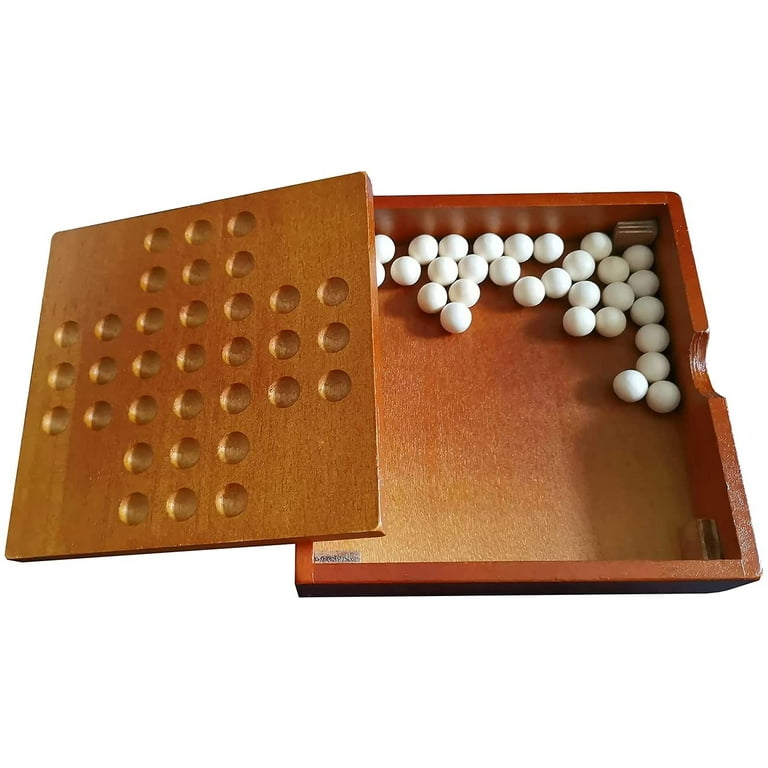 Solitaire Board Game, Jumping Marbles Peg Solitaire, with 33 Wooden Marbles,  Built-in Storage Function, Puzzle Card Board Game for Adults and Children 