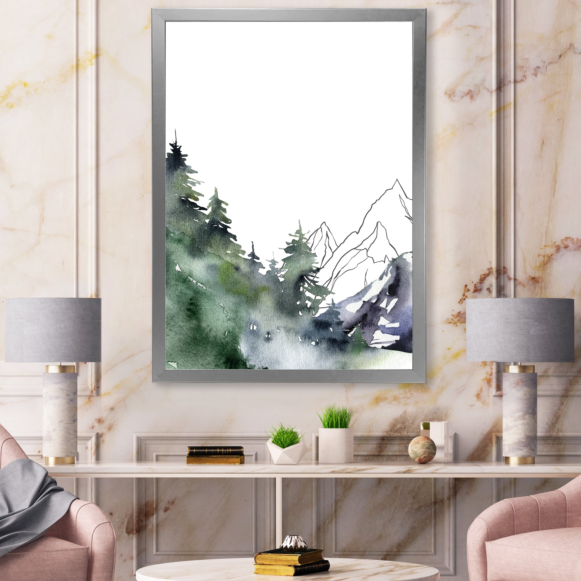 Designart 'Trees With Winter Dark Blue Mountain Landscape III' Modern Framed Art Print