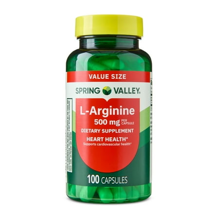 Spring Valley L-Arginine Amino Acid Supplements Capsules for Heart Health, 500 mg, 100 Count
