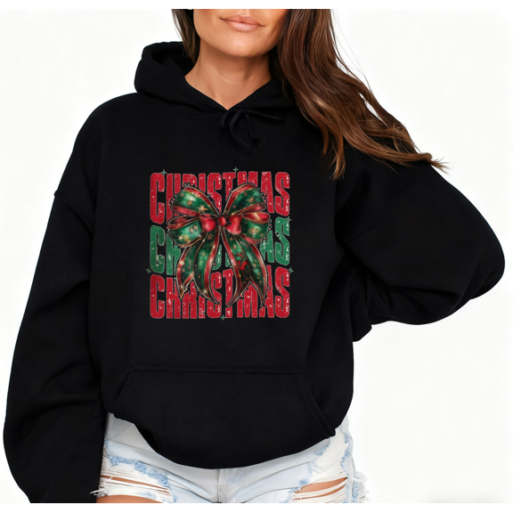 Women's Black Christmas Graphic Print Hoodie Holiday Casual Sweatshirt Bow Design Tops S-2XL