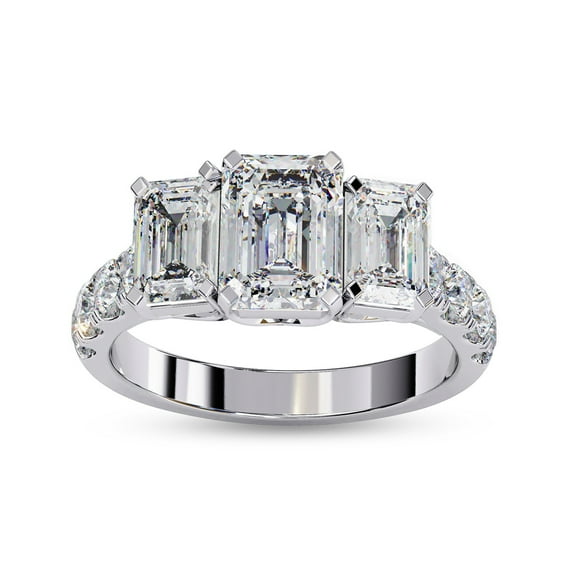3 Stone Engagement Promise Rings for Women | Center 7X5MM Emerald Cut Lab Created Moissanite Promise Rings for Her in 14K White Gold Over Sterling Silver, Ring Size 4