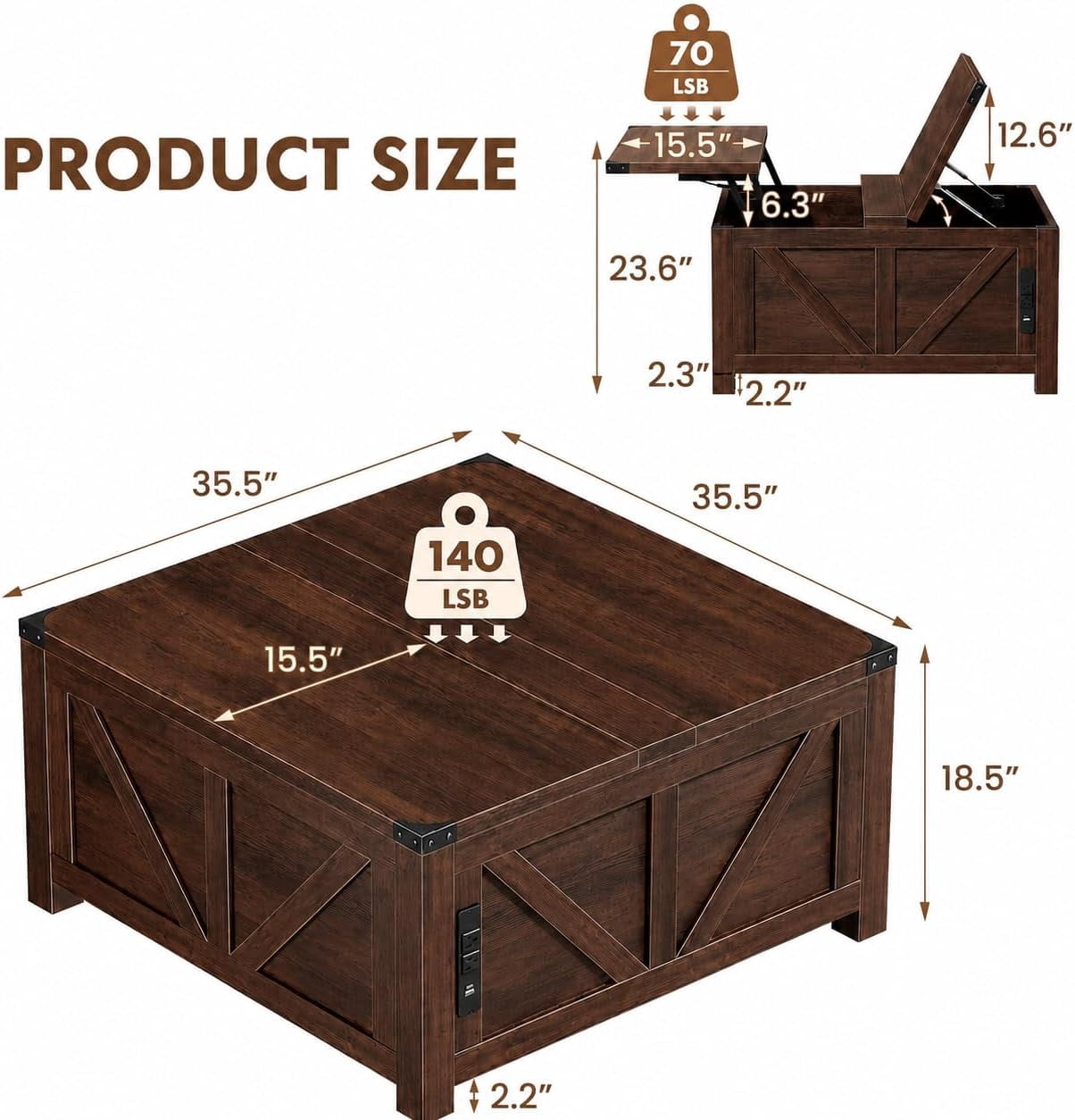 Simple Deluxe Lift Top Coffee Table with Storage, 35.5" Square Coffee Tables for Living Room, Farmhouse Coffee Table with Large Hidden Storage, Coffee Tables with Lifting Top for Living Room (White)