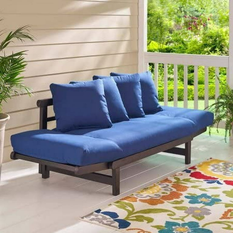 Outdoor convertible sofa daybed futon deep seating adjustable wood patio furniture with blue cushions deals