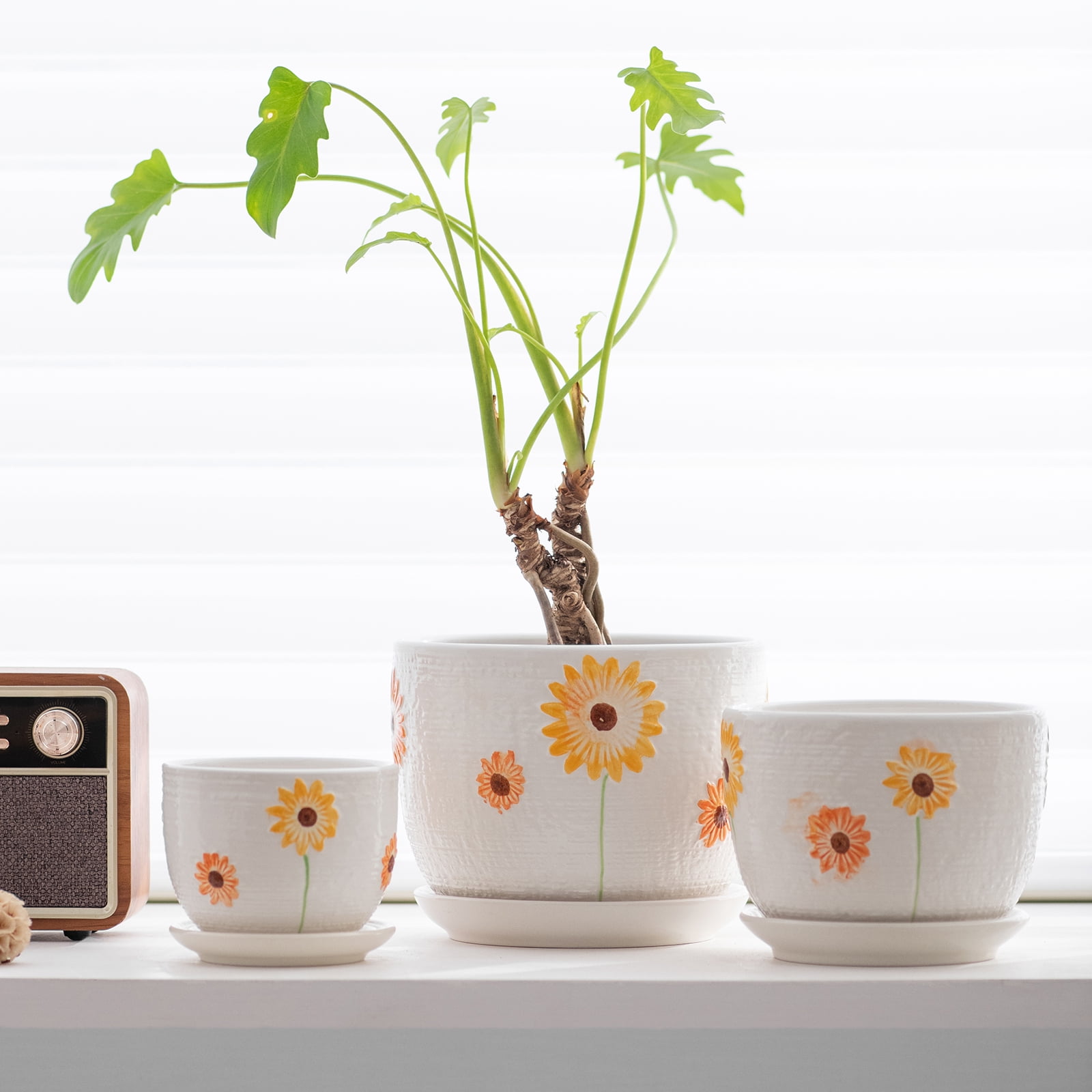 Plant Pots,Set of 3 Ceramic Sunflower Flower Pots for Indoor Plants,4+5+6 inch Pots with Drainage Hole Saucer,Garden Pots Catus Planters