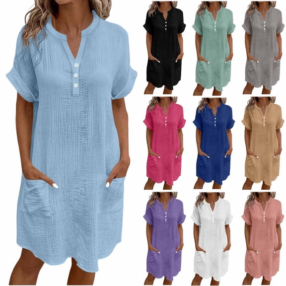 Ichuanyi Womens V-neck Button Dress Summer Casual Midi Short Sleeve Button Down Shirt Dresses Loose Beach Cover Up with Pockets