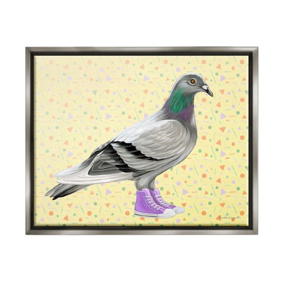 Stupell Industries Pigeon In Purple Sneakers Retro Patterned Background Graphic Art Luster Gray Floating Framed Canvas Print Wall Art, Design by Amelie Legault