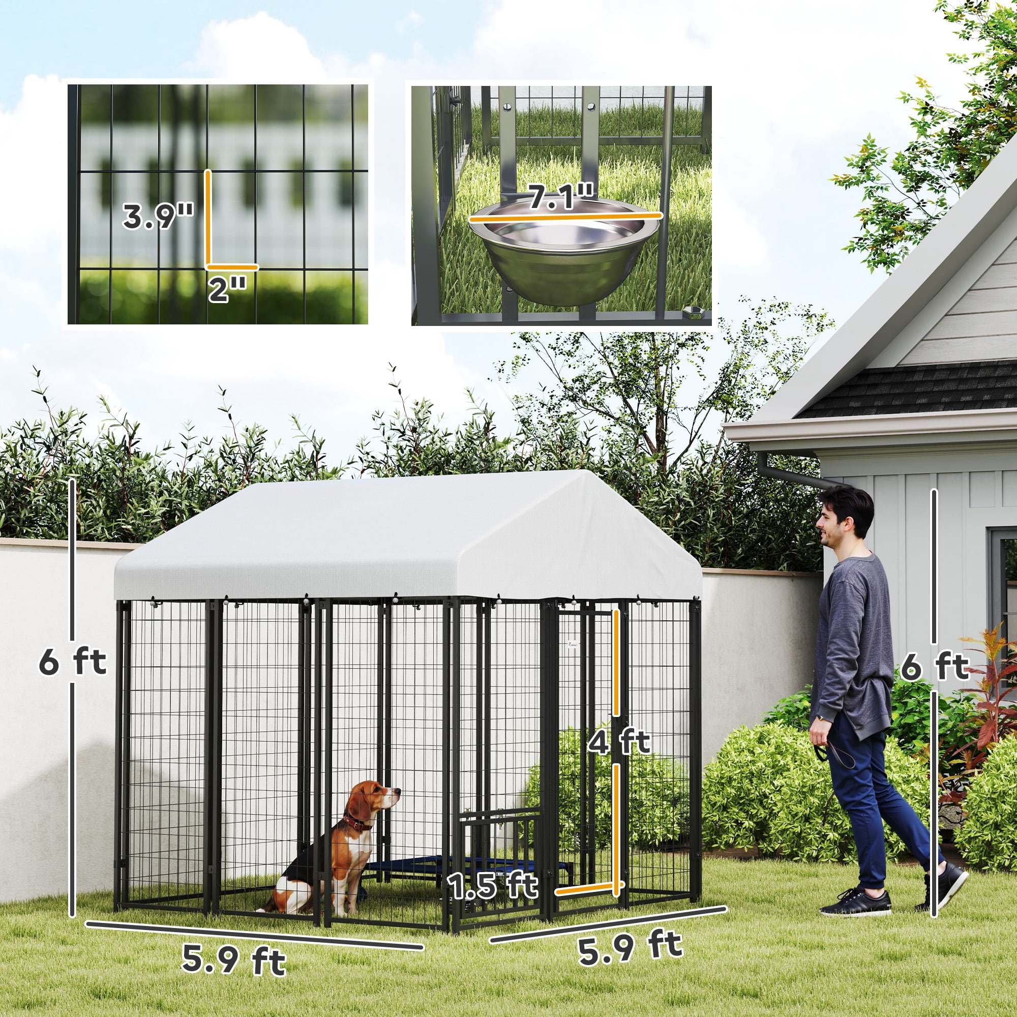 PawHut Outdoor Dog Kennel with Roof, 5.9' x 5.9' x 6' Heavy Duty Welded Wire Dog Playpen Fence with Rotating & 4-Level Adjustable Feeding Bowls