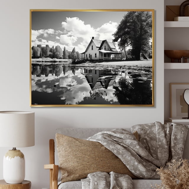 Designart Farm framed wall art decor, Farm framed wall Art, Reflecting on Rural Life at the Farmhouse , Extra large Country Gold framed wall art, 20x12 inches Gold Frame