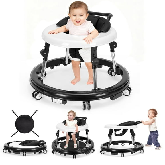Poit Baby Walker for Babies 6-18 Months, Portable Foldable with One-Touch Fold, Non-Slip Wheels, Lightweight & Compact for Travel, Black