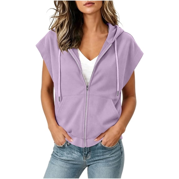 Women's Plus Size Cap Sleeve Hoodie Summer Loose Casual Zip Up Drawstring Tops with Pockets Purple
