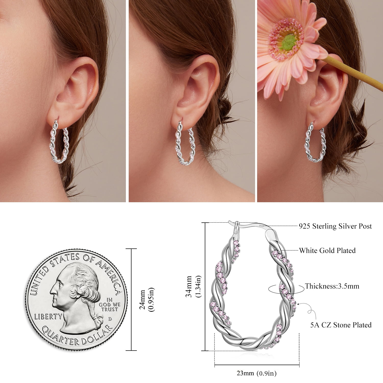 Twist Hoop Earrings for Women White Gold Plated 925 Sterling Silver Post Oval Hoop Earrings with Shiny Cubic Zirconia Hypoallergenic Lightweight Hoop
