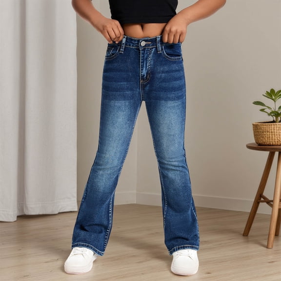 Little Girls Baggy Ripped Jeans Wide Straight Leg High Waisted Denim Pants Size 8-9T ,Blue
