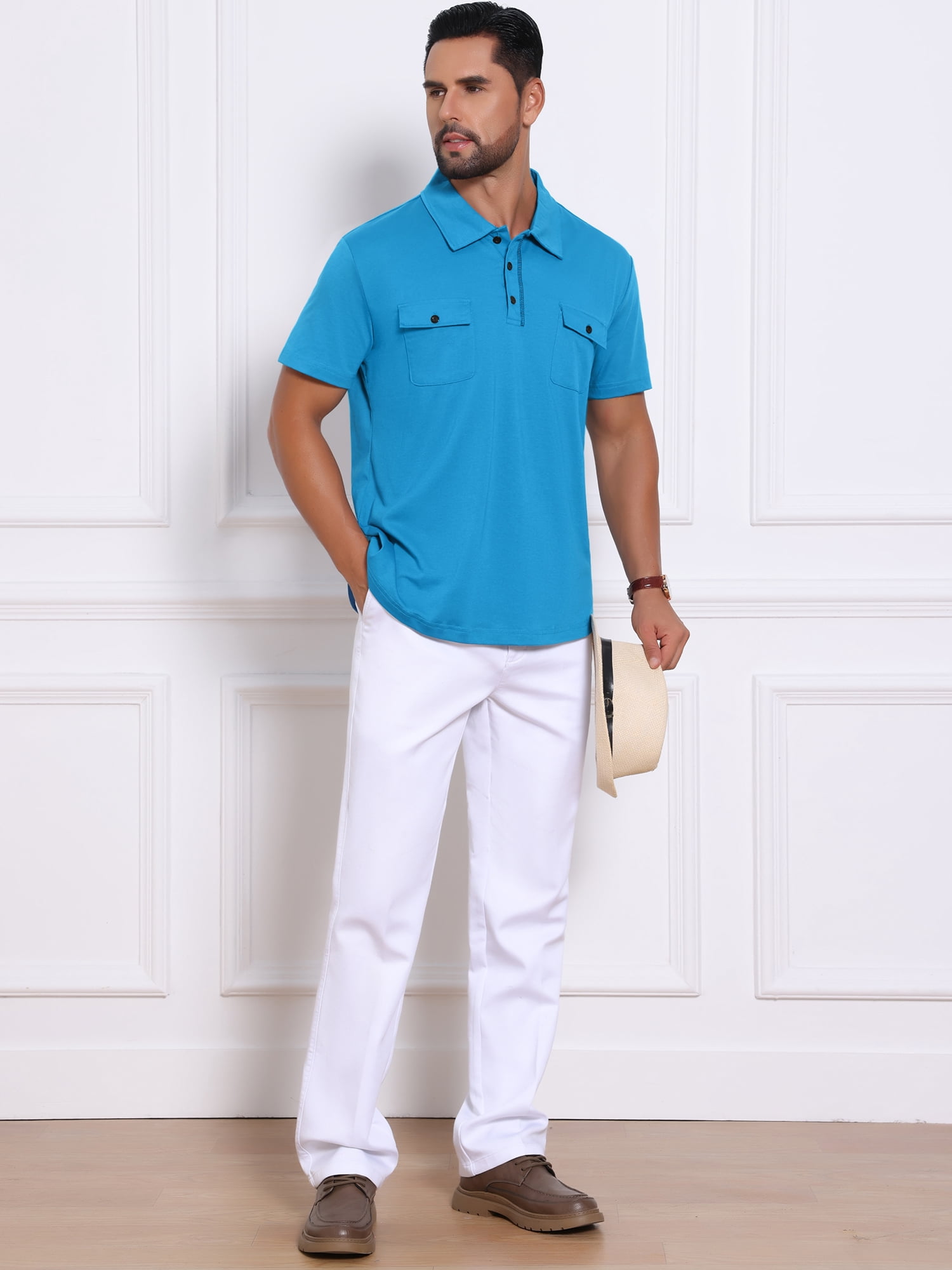 DARING DIVA Men's Collared Short Sleeve Double Chest Pockets Polo Shirt XL Blue