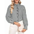 thumbnail image 2 of Women'S Plaid Ruffle V Neck Button Down Blouse Casual Long Sleeve Gingham Work Checkered Shirt Tops Black S, 2 of 8
