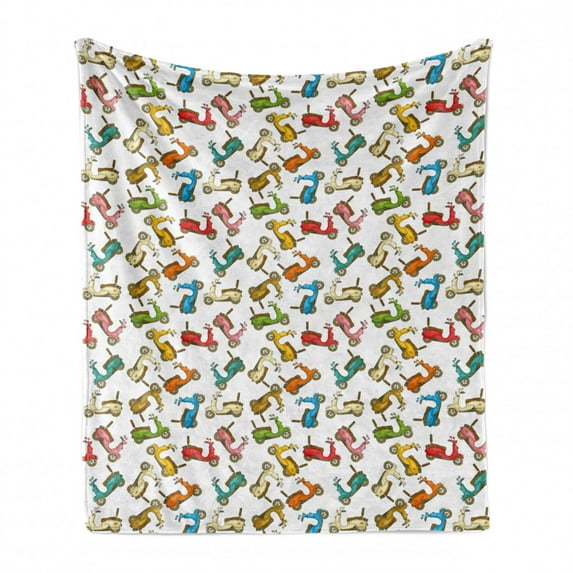 Motorcycle Soft Flannel Fleece Blanket, Famous Moped Bikes in Cartoon Style and Different Colors Retro Italian Scooters, Cozy Plush for Indoor and Outdoor Use, 60" x 80", Multicolor, by Ambesonne