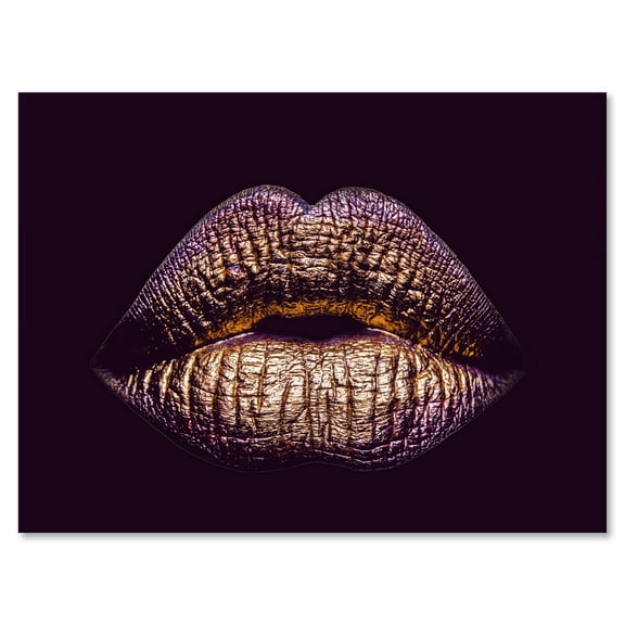 Designart ' Sexy Golden Metallized Woman Lips III ' Modern Canvas Wall Art Print