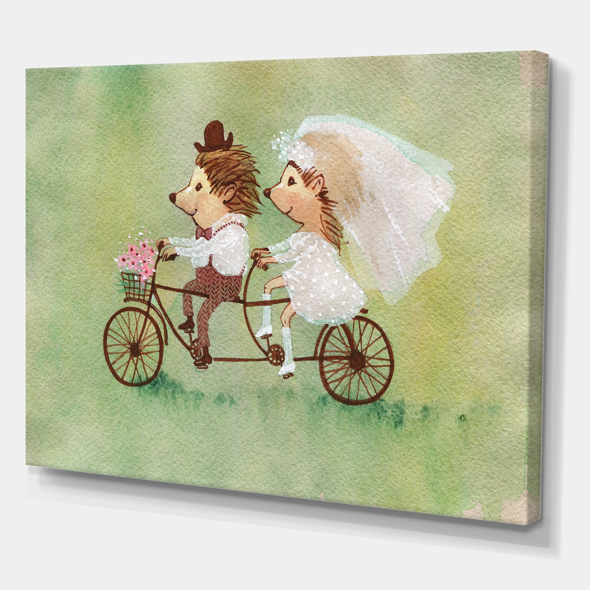 Designart ' Wedding Couple of Hedgehogs Riding A Bike ' Traditional Canvas Wall Art Print