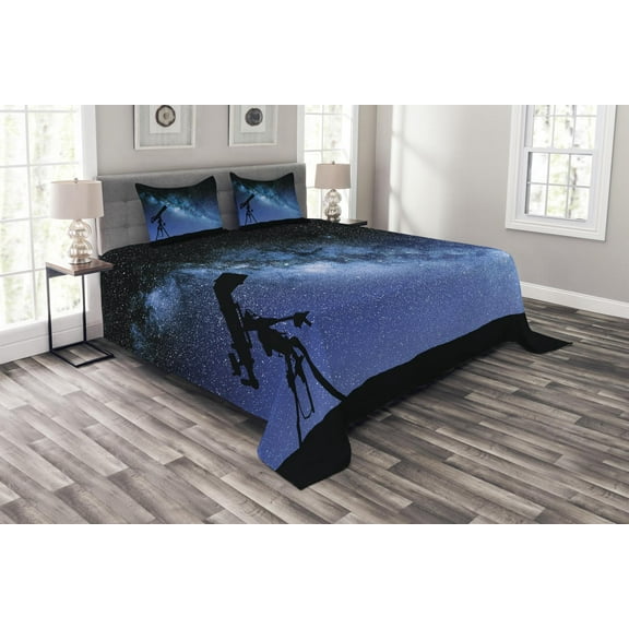 Ambesonne Galaxy Quilted Bedspread Set 3 Pcs, Milky Way Nİght Galaxy, Queen Size, Dark Blue Black