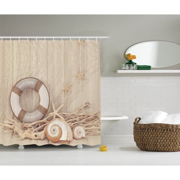 Nautical Shower Curtain Coastal Decor By Welcome On Board Buoy Wooden Sepia Fishnet Theme Pattern Polyester Fabric Bathroom Shower Curtain Set With Hooks By Ambesonne Walmart Com Walmart Com