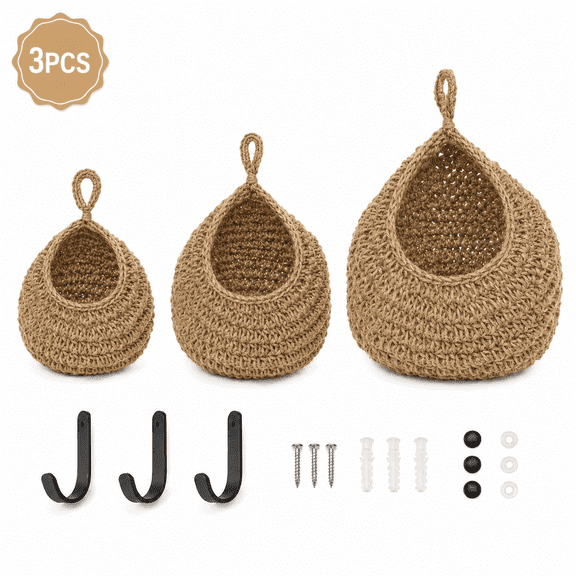 Hanging Baskets Kitchen Boho Jute Hanging Basket Woven Wall Decorative Vegetable Fruit Baskets Potato Garlic Onion Storage 3 Pcs