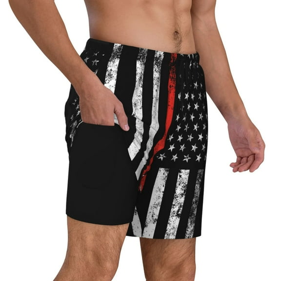 Mens Swim Trunks Firefighter Firefighting Flag Quick Dry Board Shorts with Compression Liner