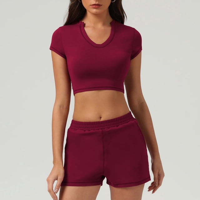 PISONIC Women's V-Neck Crop Top & Shorts Set - Active Fitness Apparel with 4 Color Options
