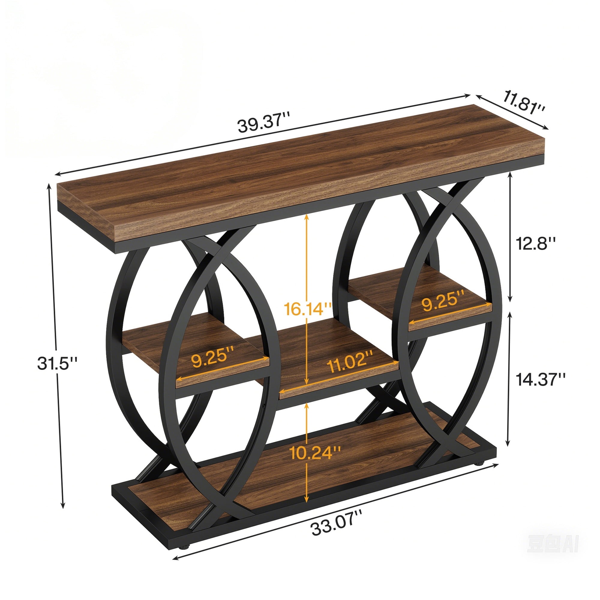 MAYEERTY 4-Tier Industrial Console Table, Rustic Top Geometric Metal Base Narrow Entryway Table