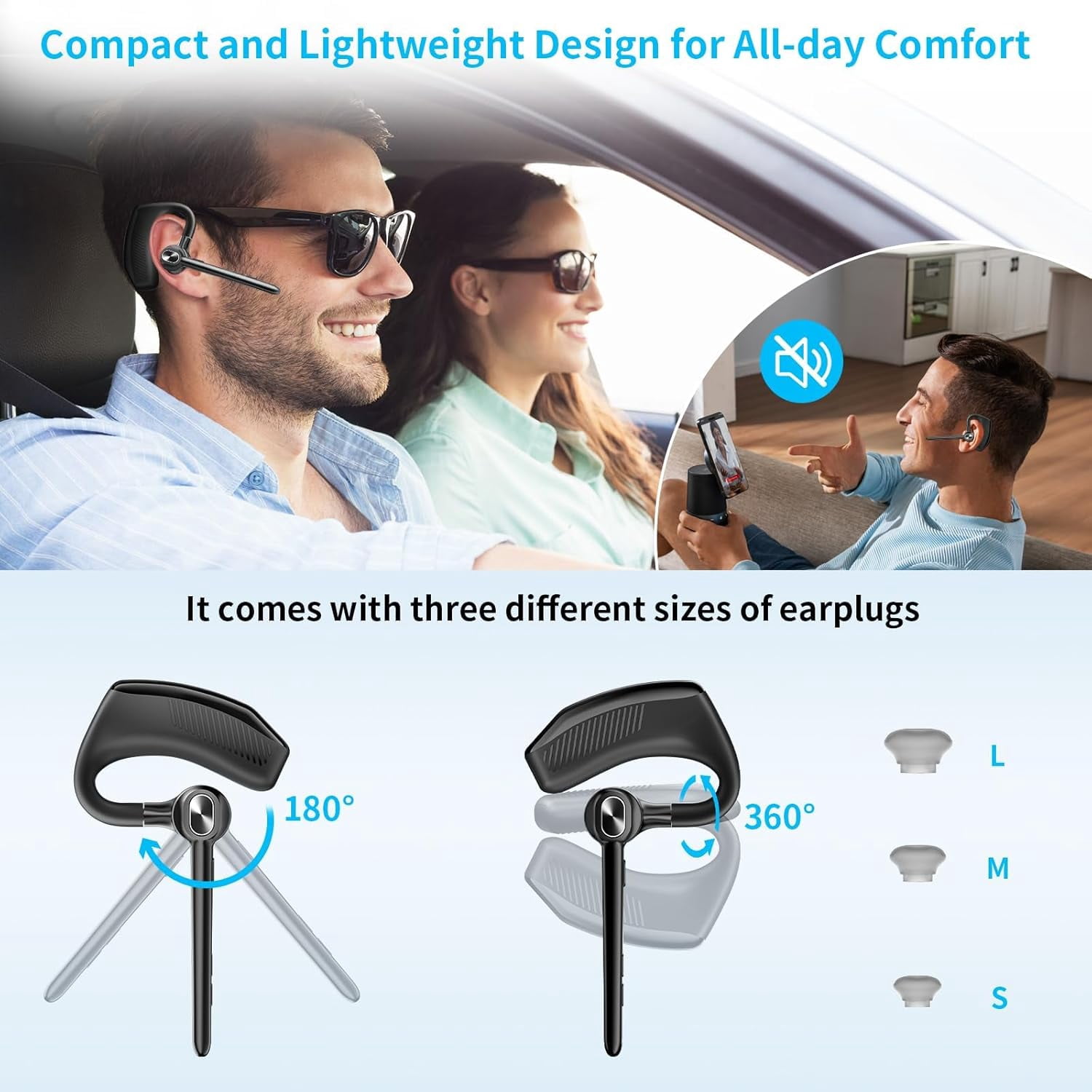 Bluetooth Single Ear Headset, 180H Playtime, 1000mAh Wireless Charging Case, LED Display, Handsfree Mic for Phone PC, Trucker & Daily Use